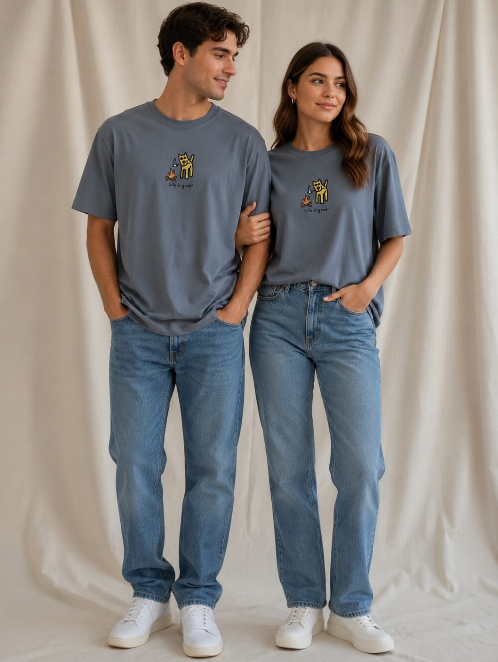 Life Is Good  Crew Tee in Slate Blue with S'mores Camp Dog Graphic Unisex Size L